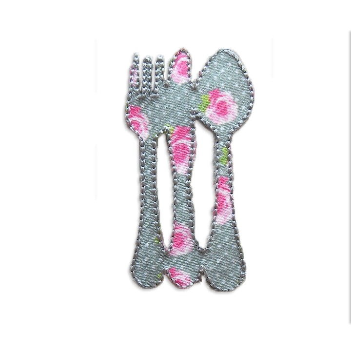 Écusson thermocollant - Couverts gris à fleurs roses  - 2