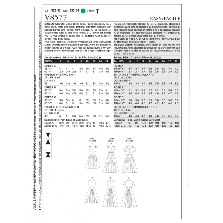 Patron de robe - Vogue V8577  - 2