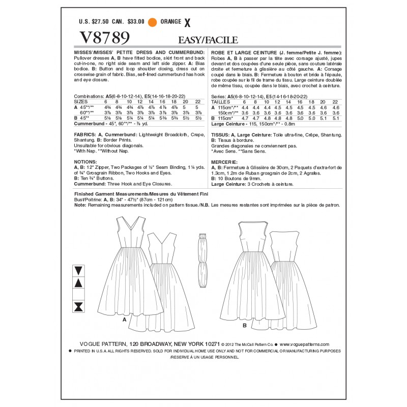 Patron de robe Vintage 1957 Vogue 8789, Mercerie Floriane