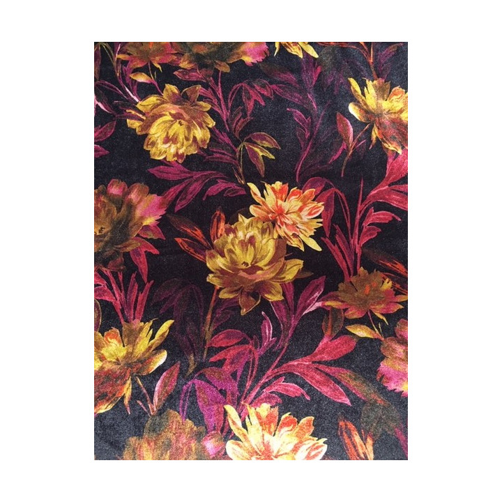 Tissu panne de velour imprimé fleuri bordeaux et moutarde  - 1
