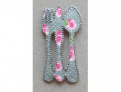 Écusson thermocollant - Couverts gris à fleurs roses  - 1