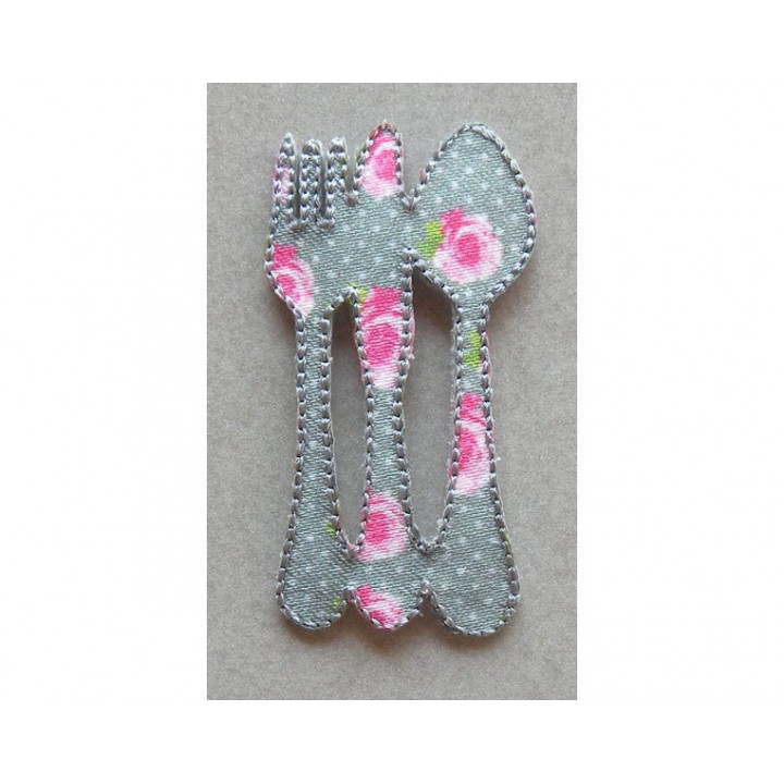 Écusson thermocollant - Couverts gris à fleurs roses  - 1