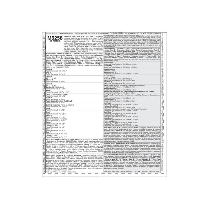 Patron vêtements de mode pour poupée de 29.50 cm McCall's M6258 OSZ  - 8