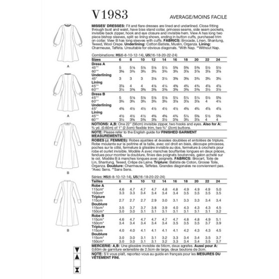 Patron Robes pour Jeunes Femmes - Vogue V1983  - 2