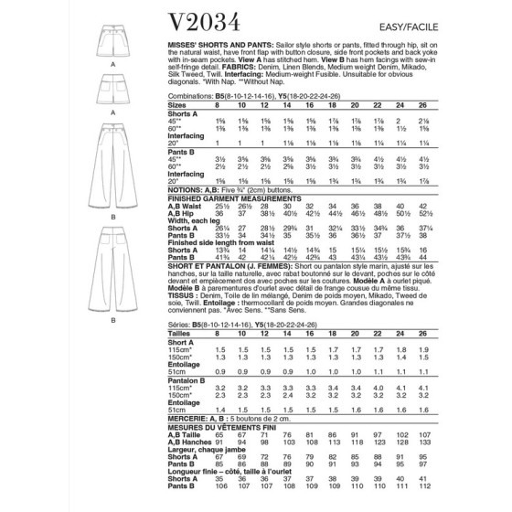 Patron Short et Pantalon pour Jeunes Femmes - Vogue 2034  - 2