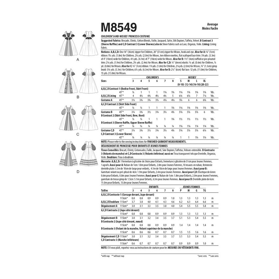 Patron déguisement de princesse pour enfants et jeunes femmes - Mc Call's M8549  - 2