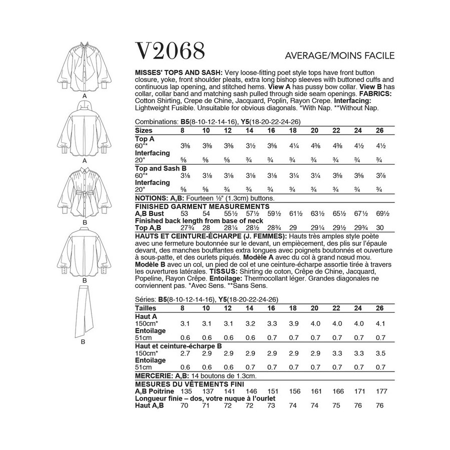 Patron Hauts et Ceinture écharpe pour Femmes - Vogue 2068  - 2