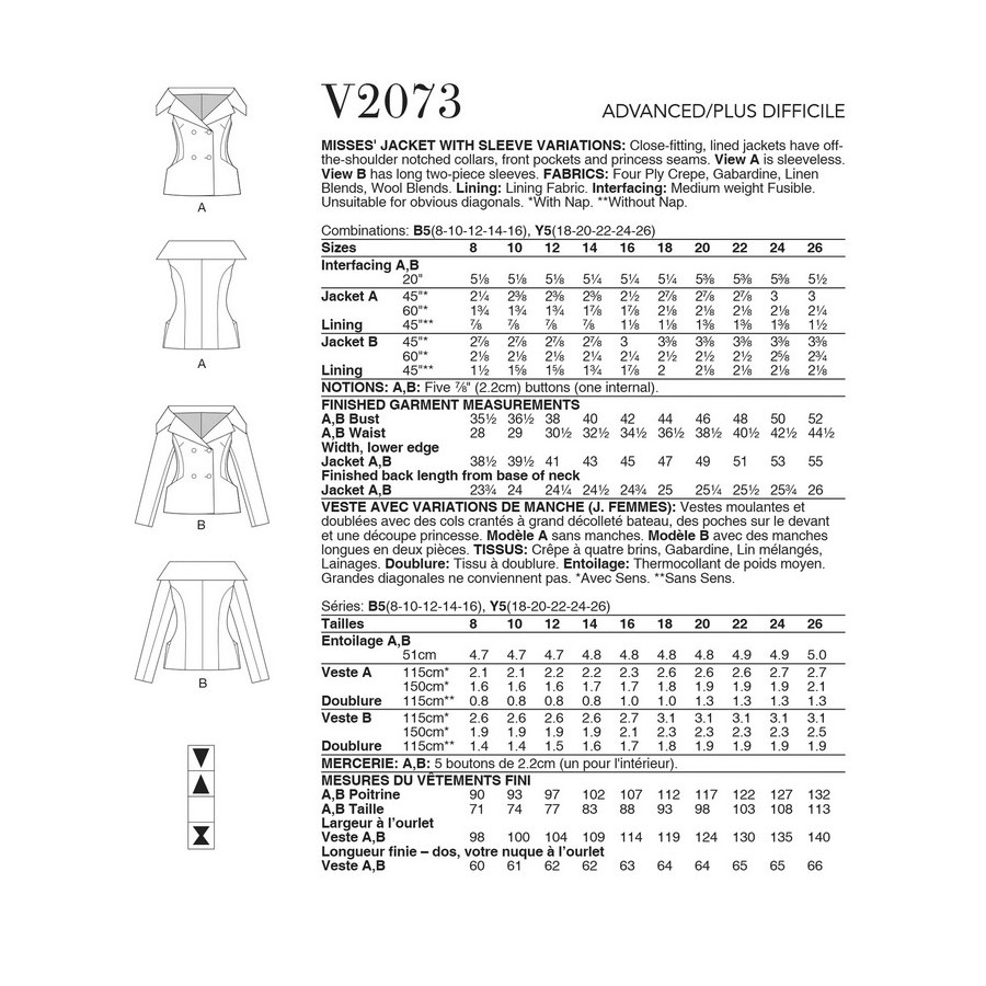 Patron Vestes pour Femmes - Vogue 2073  - 2