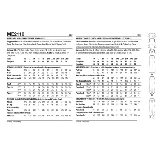 Patron Haut en tricot et Pantalons tissés pour femmes - Mc Call's ME2110  - 2