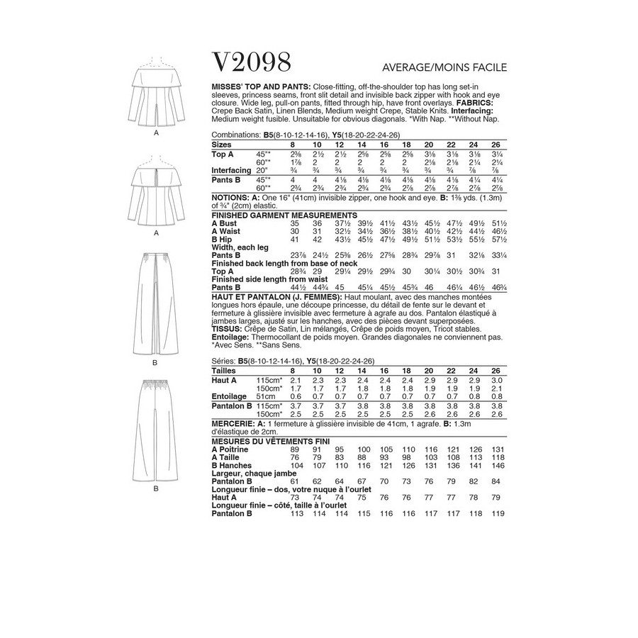 Patron Haut et Pantalon pour Femmes - Vogue 2098  - 1