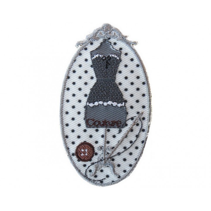 Ecusson thermocollant buste gris sur fond à pois  - 1