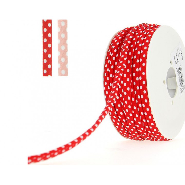 Cordon spaghetti  7 mm - Pois blanc sur fond rouge  - 1