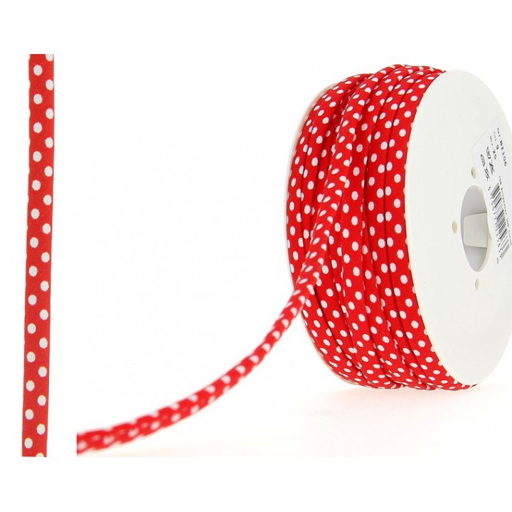 Cordon spaghetti  7 mm - Pois blanc sur fond rouge  - 2